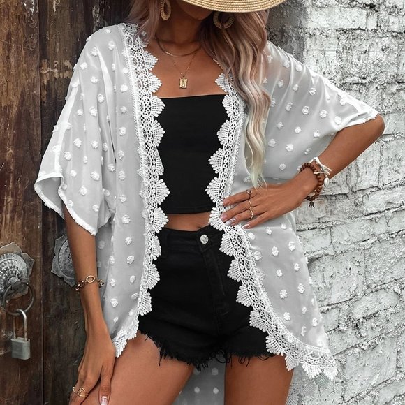 . Other - White Boho Womens Swiss Dot Contrast Lace Dolman Sleeve Kimono